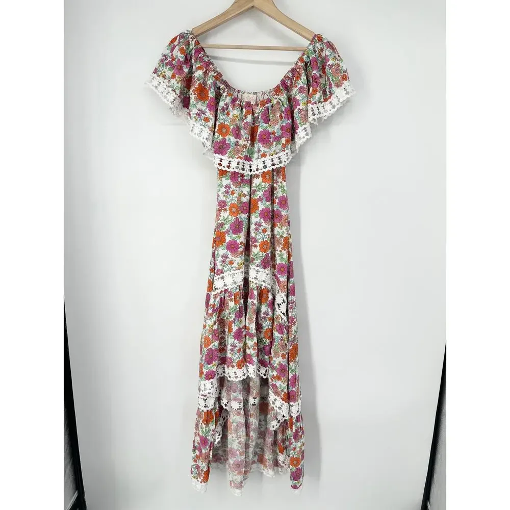 Miss June Rayan Off The Shoulder Floral Lace Ruffle Maxi Midi Dress Boho Pink - Picture 5 of 12
